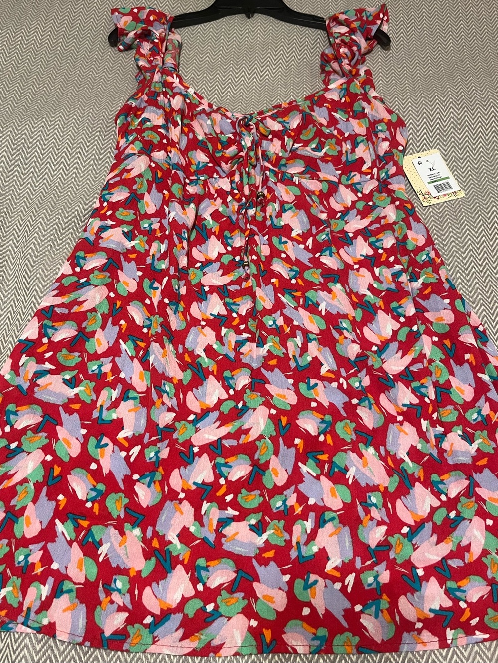 Bebop Red Flutter Strap Tie-Front Printed Sundress. Fun print & vibrant colors.